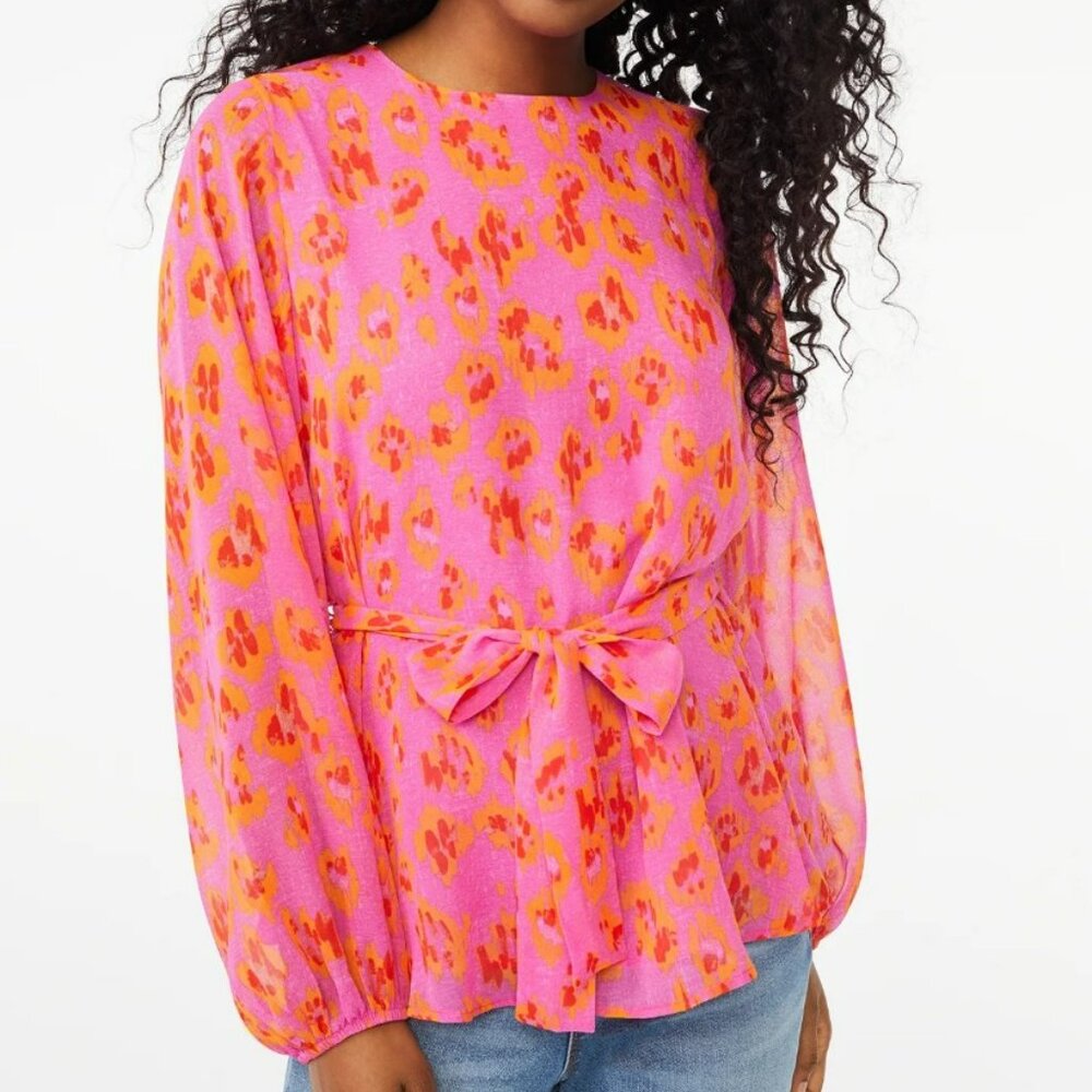 NWT - Scoop - Long Sleeve Crew Neck Blouse with Tie at Waist - Size Small (4-6)
